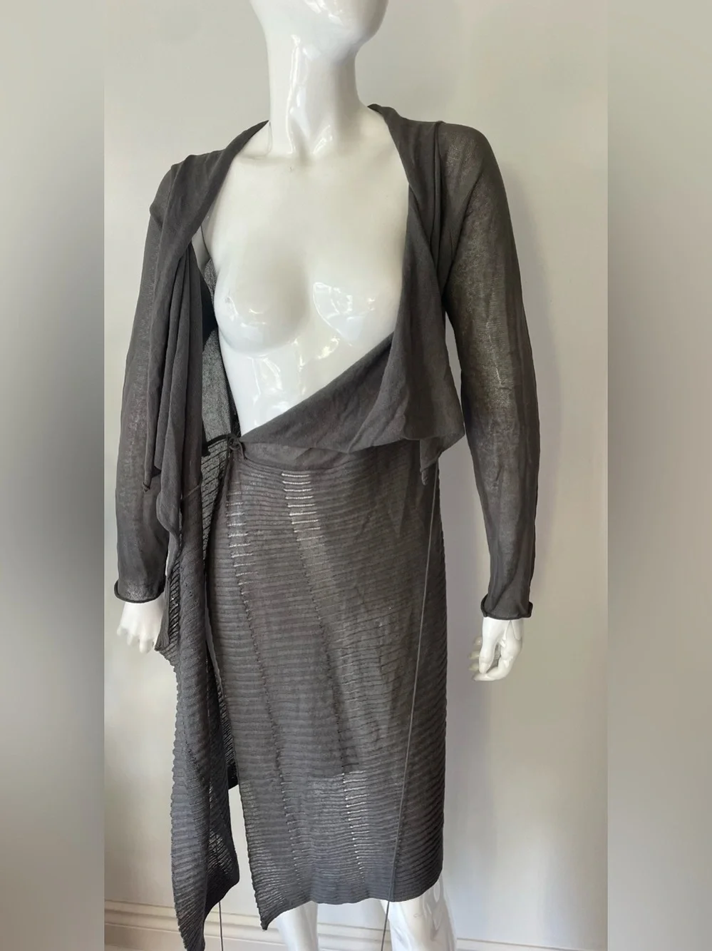 Sarah Pacini Draped Knit Wrap Dress Sweater Taupe Gray Size S M - Picture 10 of 11